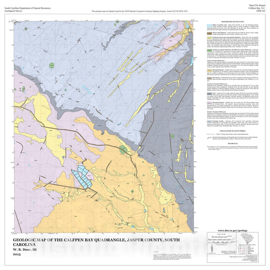 Map : Geologic Map of the Calfpen Bay Quadrangle, Jasper County, South Carolina, 2013 Cartography Wall Art :