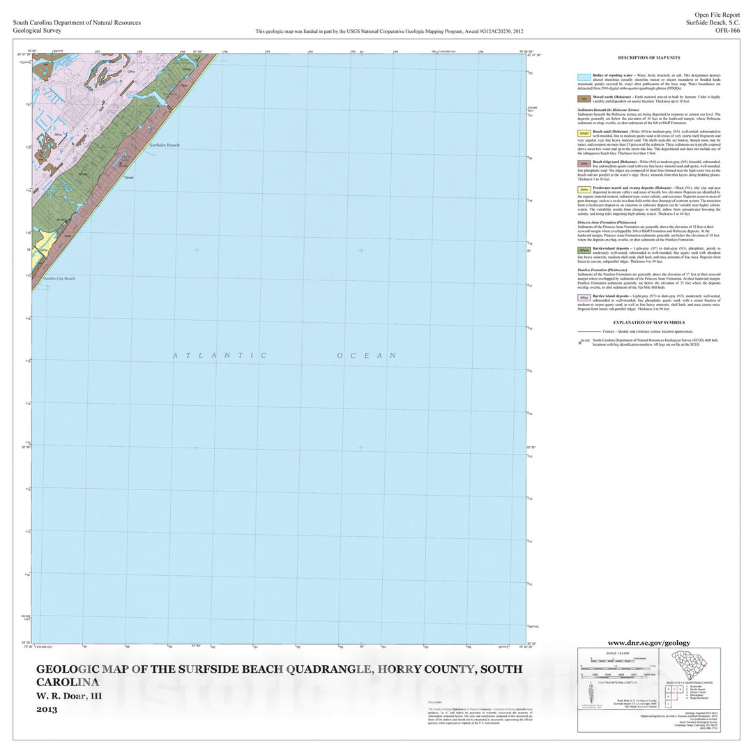 Map : Geologic Map of the Surfside Beach Quadrangle, Horry County, South Carolina, 2013 Cartography Wall Art :