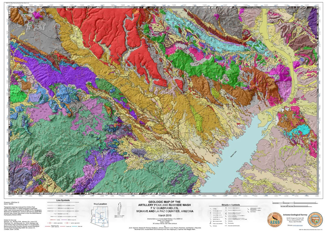 Map : Geologic map of the Artillery Peak and Rawhide Wash 7.5' Quadrangles, Mohave and La Paz Counties, Arizona, 2013 Cartography Wall Art :