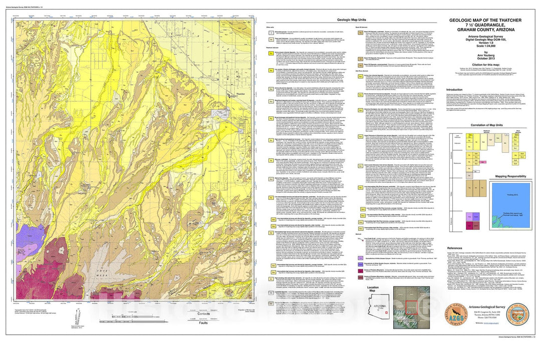 Map : Geologic map of the Thatcher 7.5' Quadrangle, Graham County, Arizona, 2013 Cartography Wall Art :