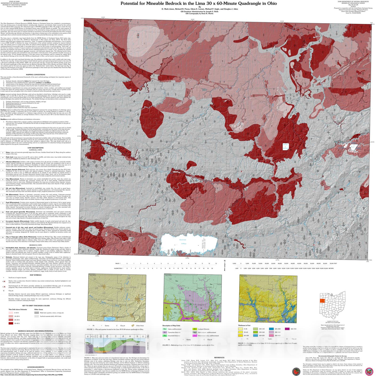 Map : Potential for Mineable Bedrock in the Lima thirty x 60-Minute Quadrangle in Ohio, 2013 Cartography Wall Art :