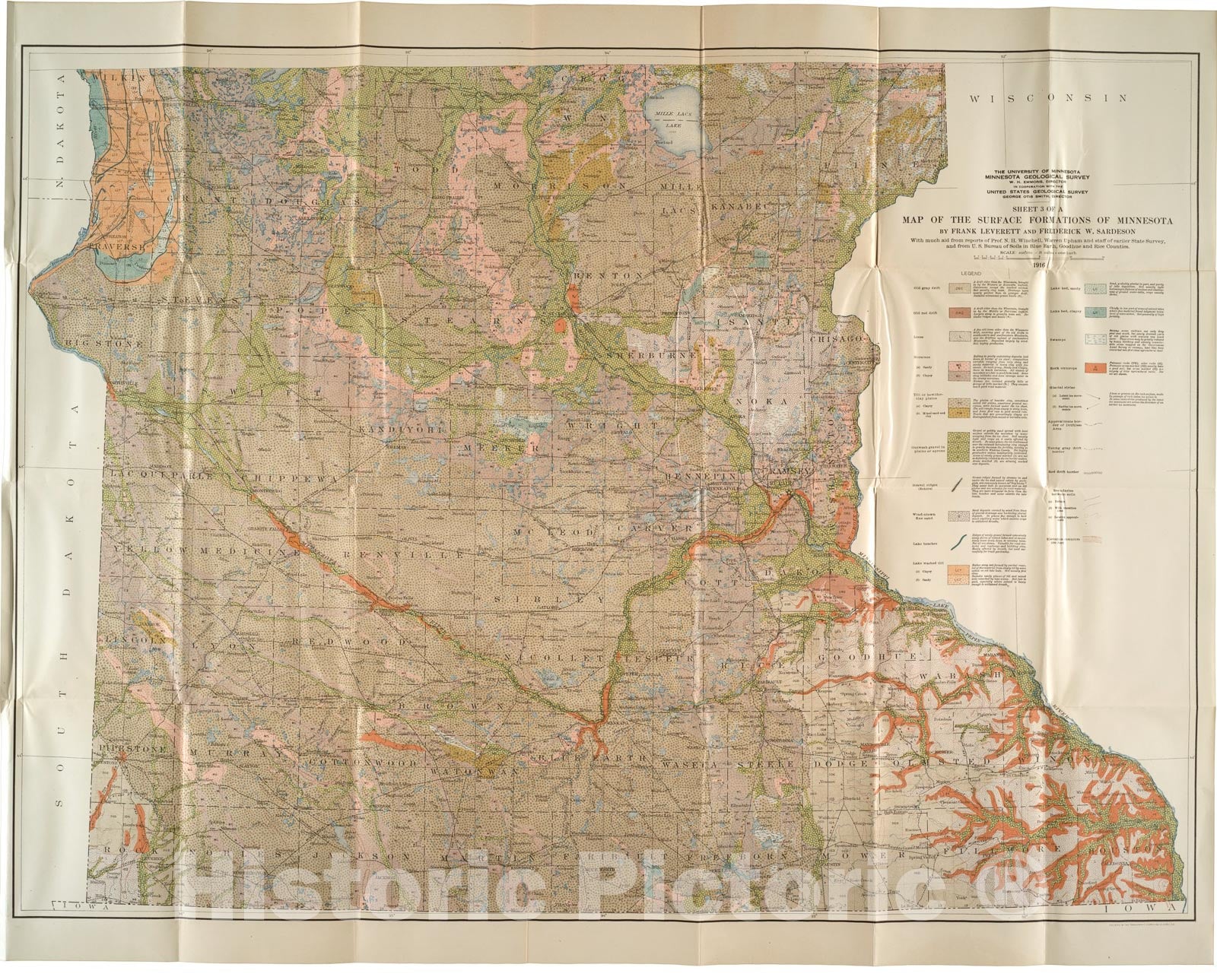Map : Surface formations and agricultural conditions of the south half of Minnesota, 1919 Cartography Wall Art :
