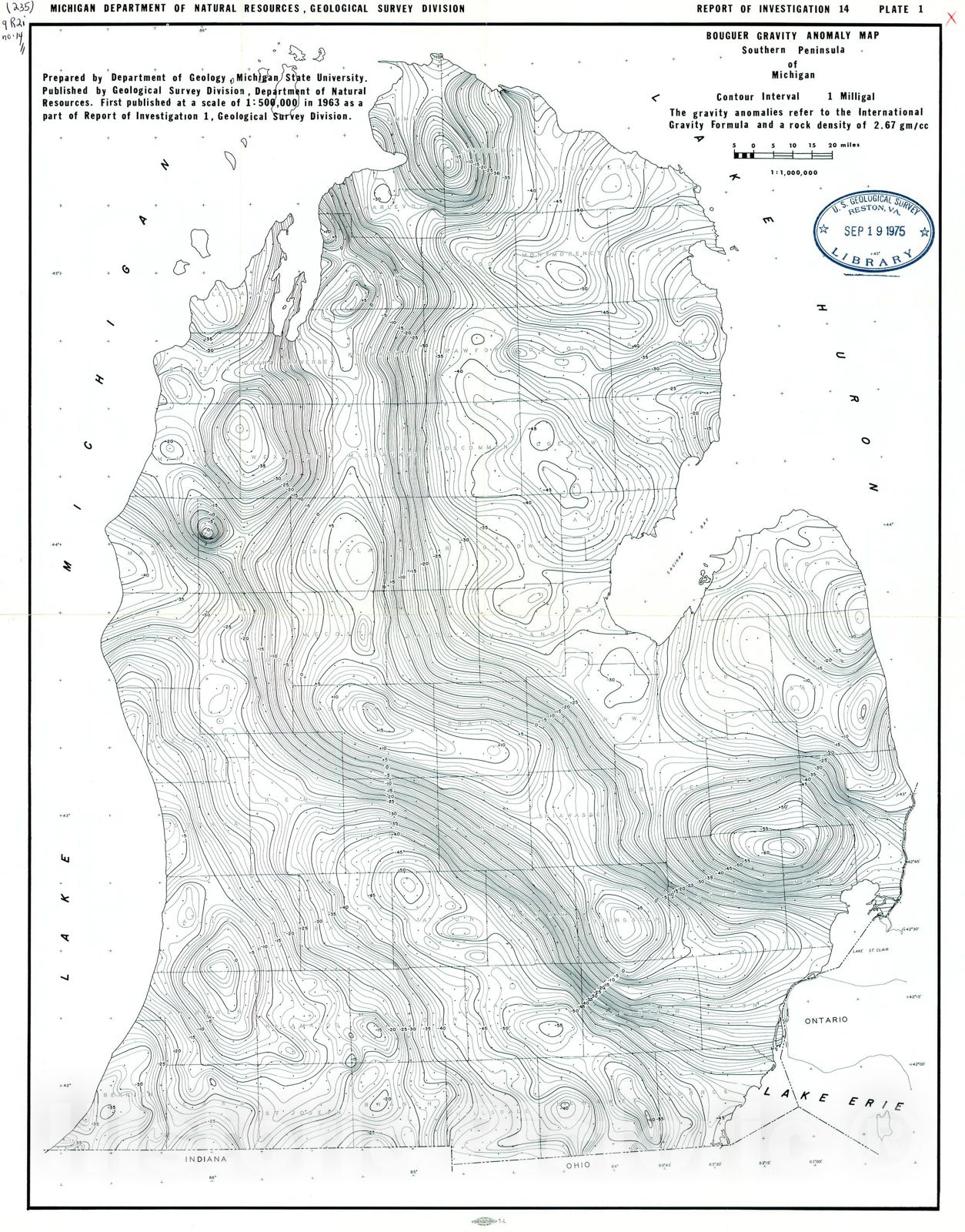 Map : Gravity and aeromagnetic anomaly maps of the southern peninsula of Michigan, 1971 Cartography Wall Art :