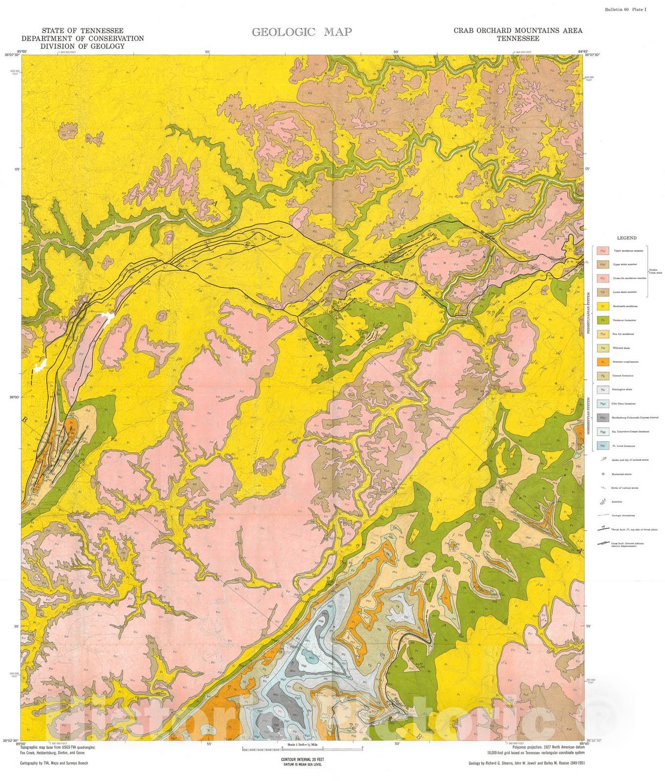 Map : The Cumberland Plateau overthrust and geology of the Crab Orchard Mountains area, Tennessee, 1954 Cartography Wall Art :
