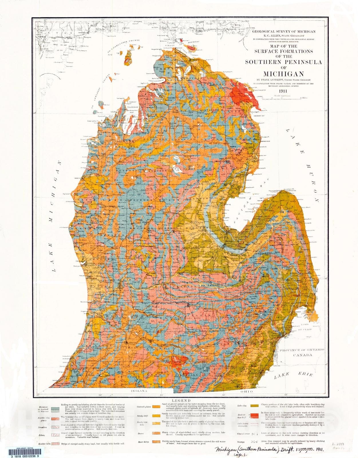 Map : Map of the surface formations of the southern peninsula of Michigan, 1911 Cartography Wall Art :