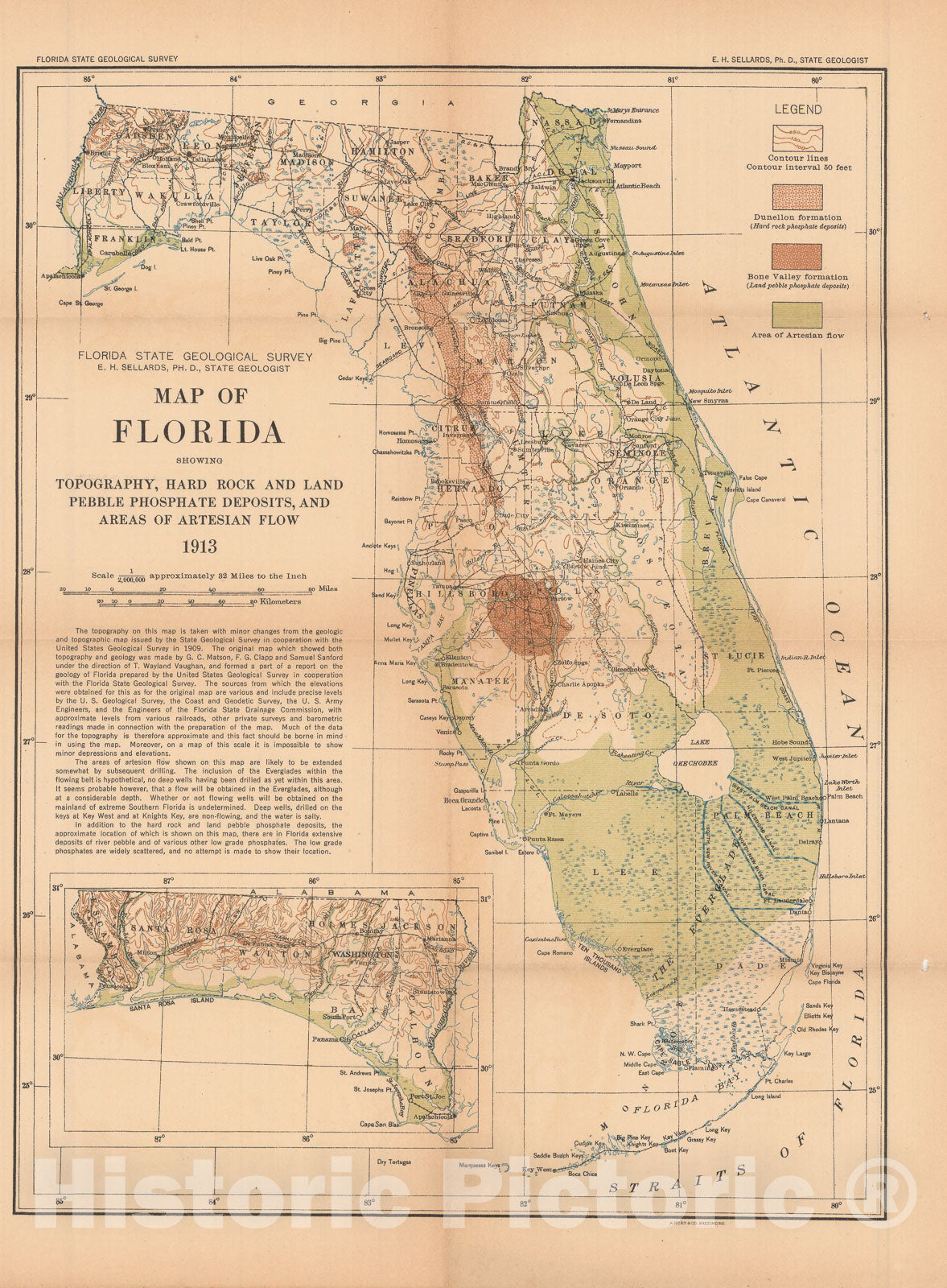 Map : Origin of the hard rock phosphates of Florida, 1913 Cartography Wall Art :