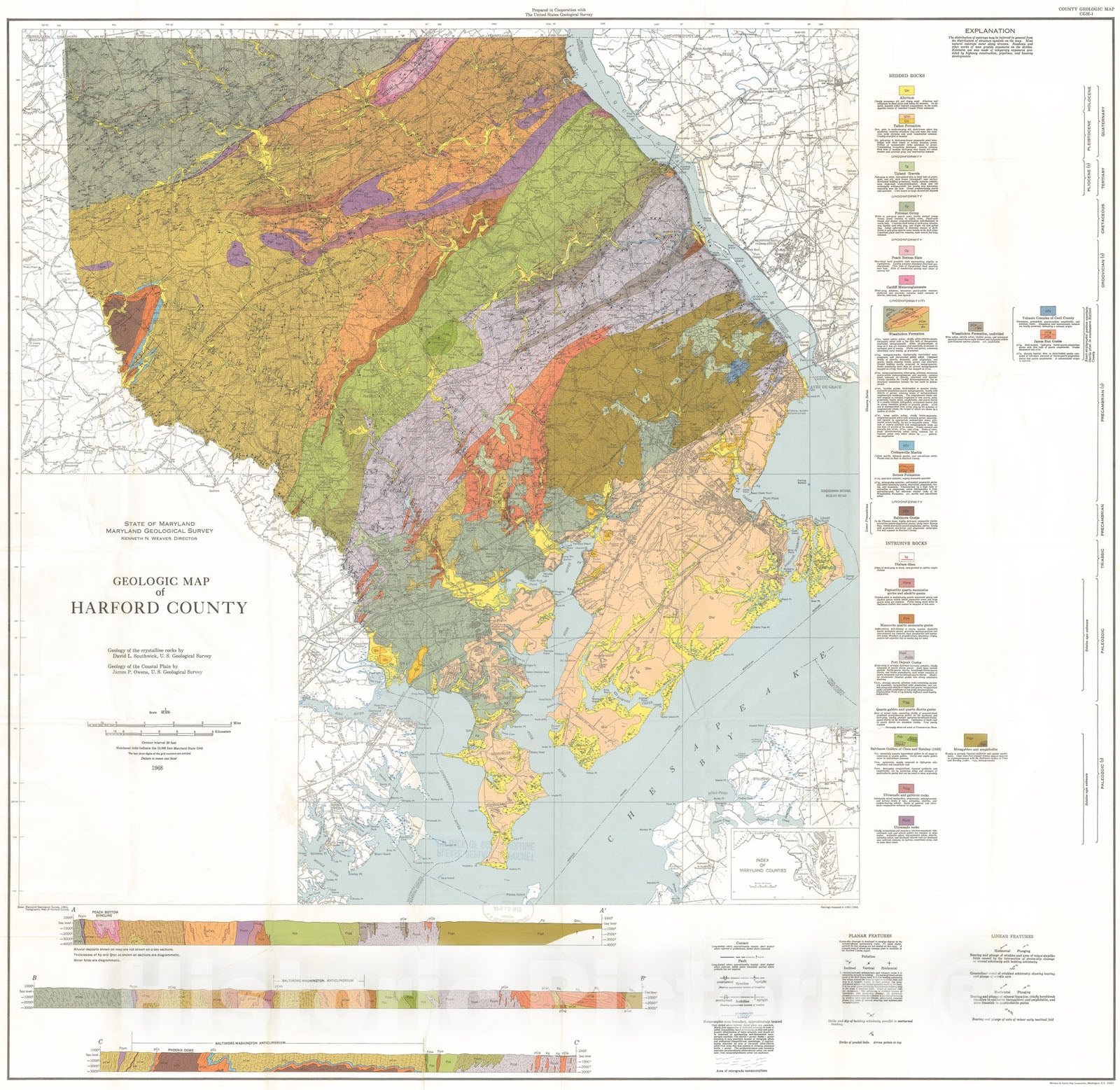 Map : The geology of Harford County, Maryland, 1969 Cartography Wall Art :