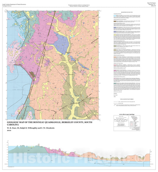 Map : Geologic Map of the Bonneau Quadrangle, Berkeley County, South Carolina, 2010 Cartography Wall Art :