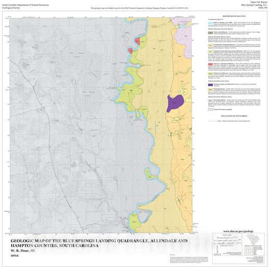 Map : Geologic Map of the Blue Springs Landing Quadrangle, Allendale and Hampton Counties, South Carolina, 2012 Cartography Wall Art :
