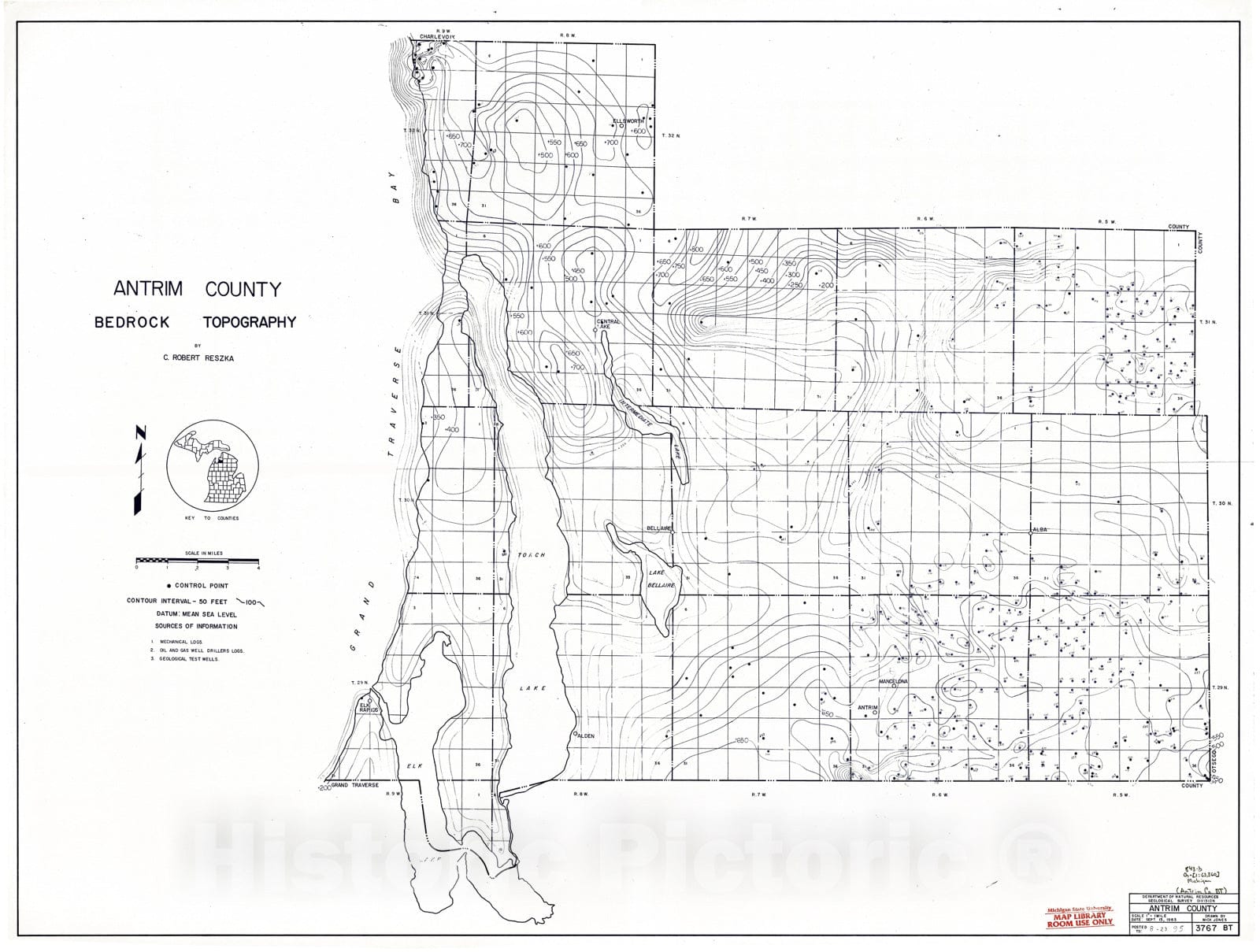 Map : Antrim County Bedrock Topography, 1995 Cartography Wall Art :