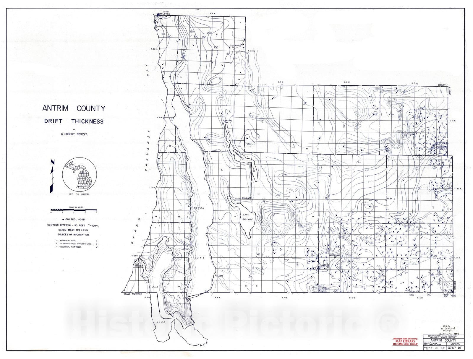 Map : Antrim County Drift Thickness, 1995 Cartography Wall Art :