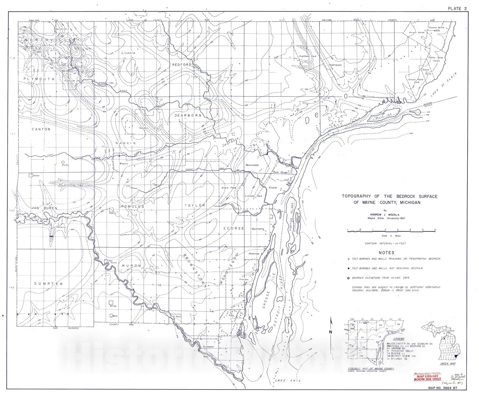 Map : Topography of the bedrock surface of Wayne County, Michigan, 1967 Cartography Wall Art :