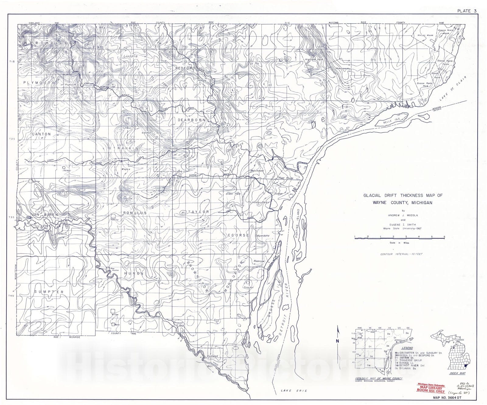 Map : Glacial drift thickness map of Wayne County, Michigan, 1967 Cartography Wall Art :