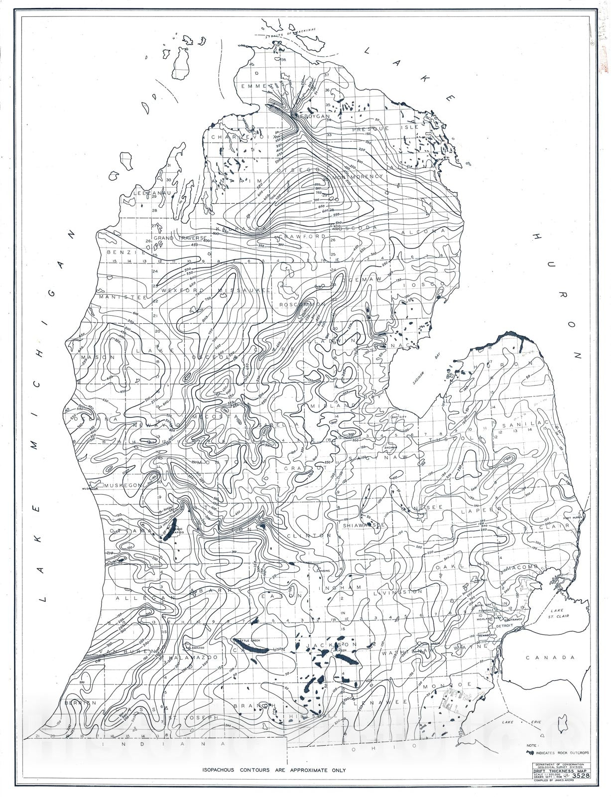 Map : Drift thickness map [Michigan Southern Peninsula], 1938 Cartography Wall Art :