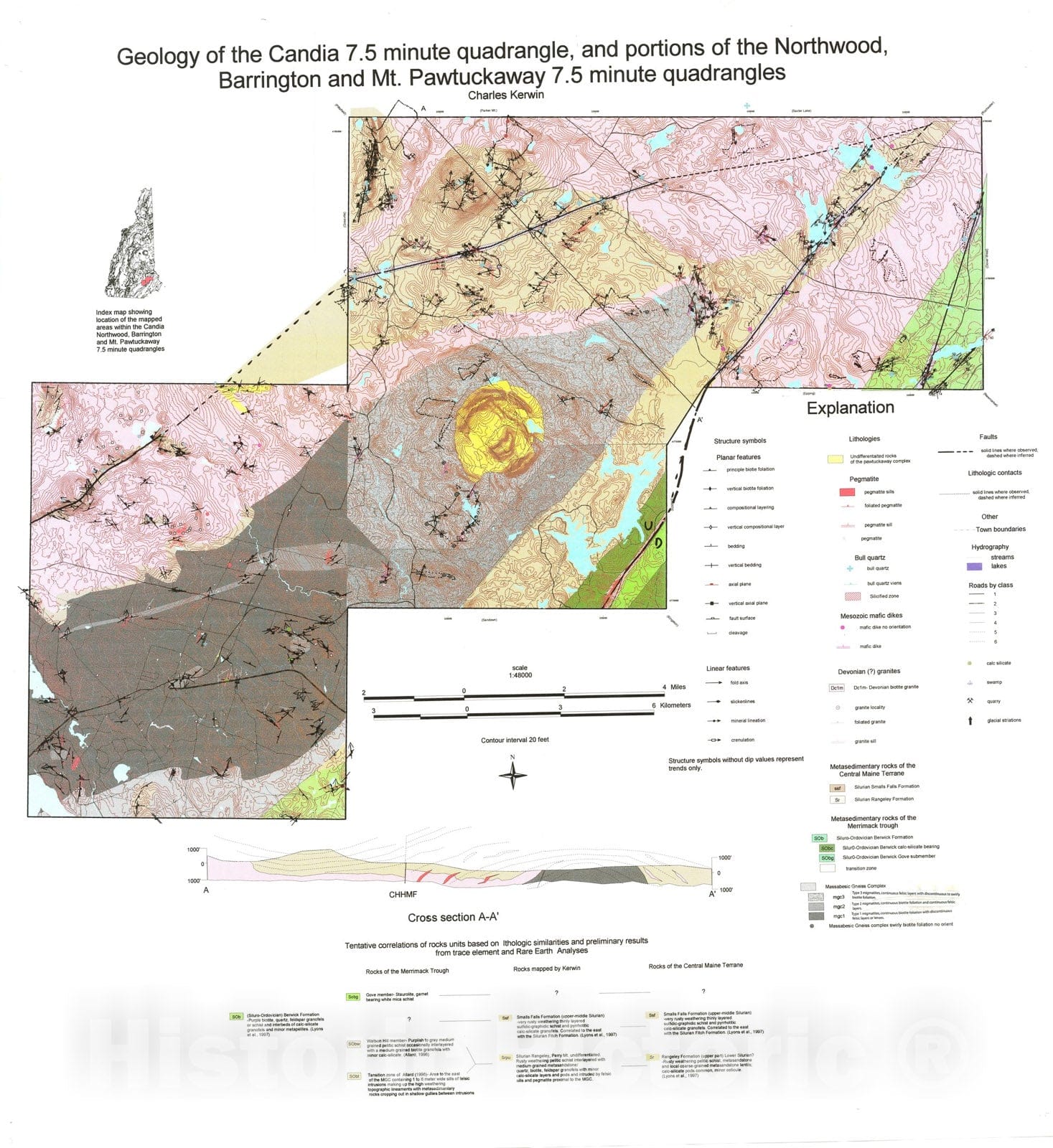 Map : Geology of portions of the Candia 7.5 minute quadrangle, and portions of the Northwood, Barrington and Mt. Pawtuckaway 7.5 minute, 2003 Cartography Wall Art :