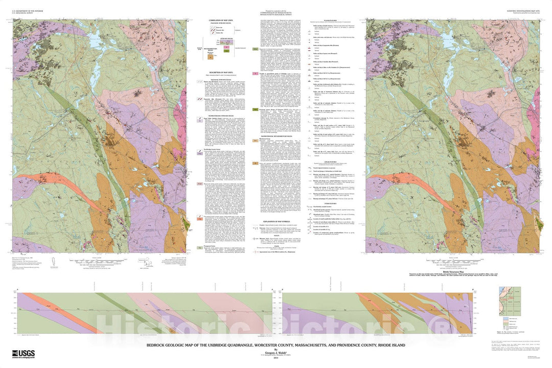 Map : Bedrock geologic map of the Uxbridge quadrangle, Worcester County, Massachusetts, and Providence County, Rhode Island, 2014 Cartography Wall Art :