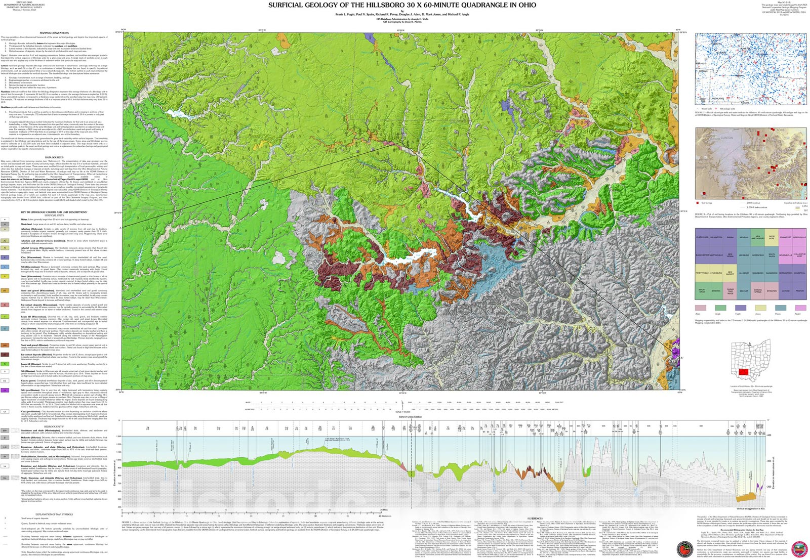 Map : Surficial geology of the Hillsboro thirty x sixty minute quadrangle in Ohio (revised 2016) , 2014 Cartography Wall Art :