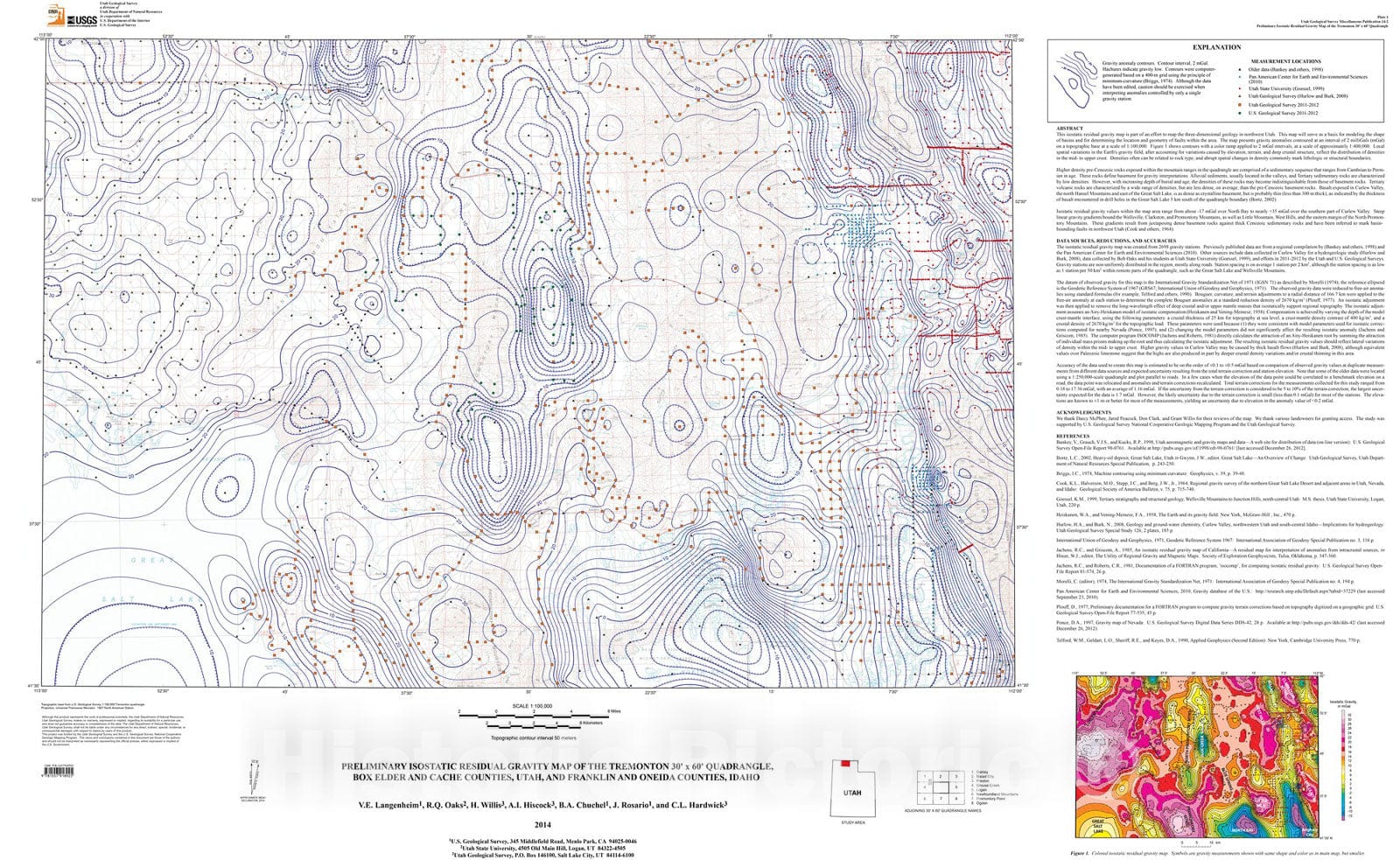 Map : Preliminary residual isostatic gravity map of the Tremonton 30' x 60' quadrangle, Box Elder County, Utah, 2014 Cartography Wall Art :