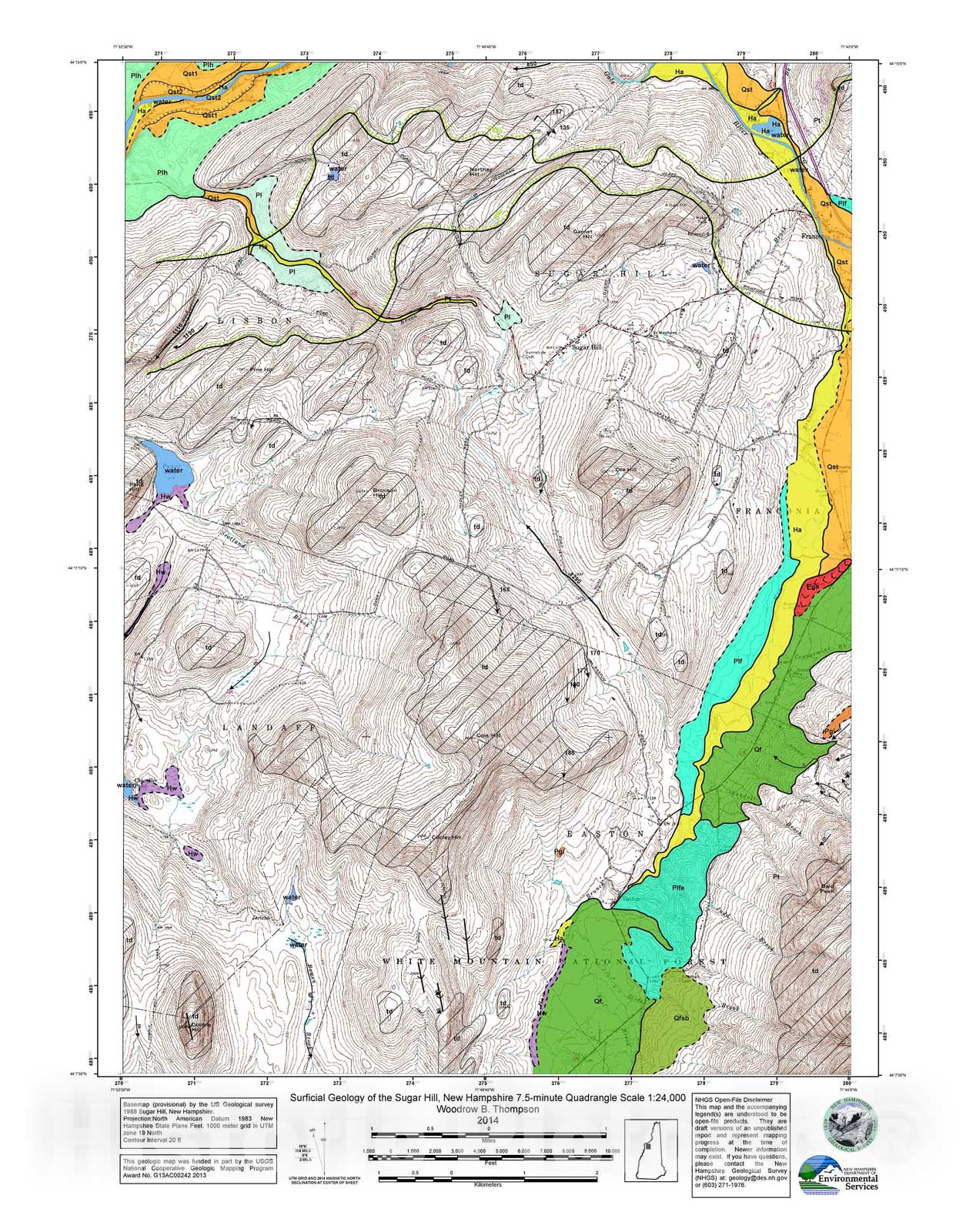 Map : Surficial geology of the Sugar Hill, New Hampshire 7.5-minute quadrangle, 2014 Cartography Wall Art :