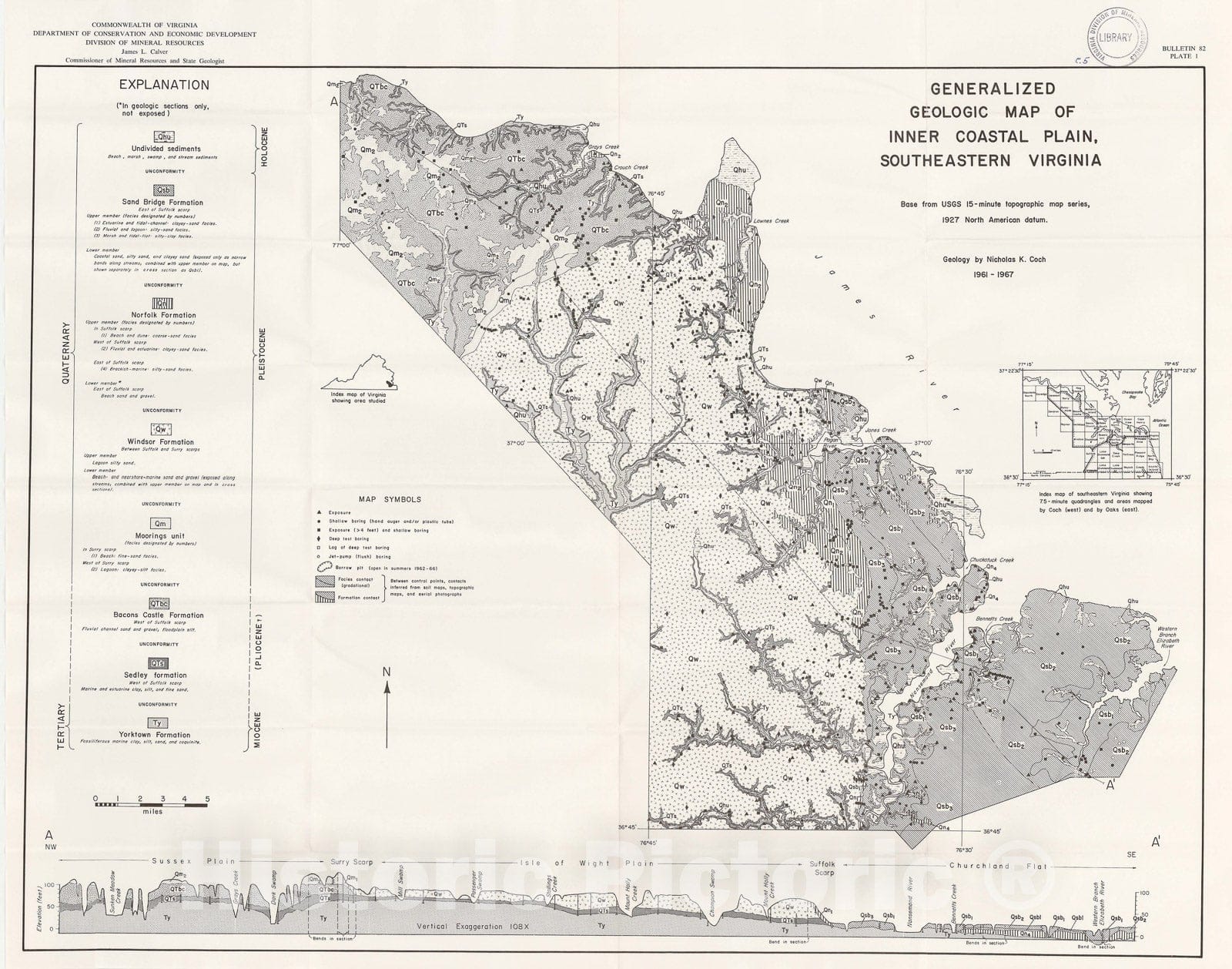 Map : Post-Miocene stratigraphy and morphology, southeastern Virginia, 1973 Cartography Wall Art :