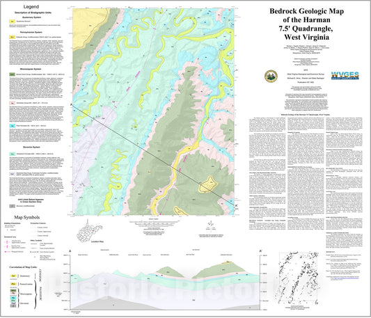 Map : Bedrock Geologic Map of the Harman 7.5' Quadrangle, West Virginia, 2015 Cartography Wall Art :