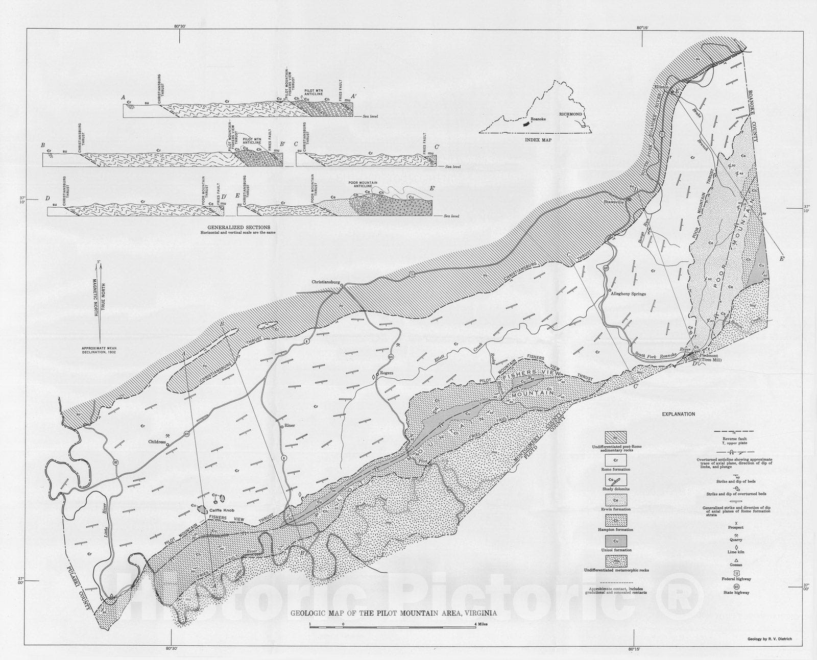 Map : Geology of the Pilot Mountain area, Virginia, 1954 Cartography Wall Art :