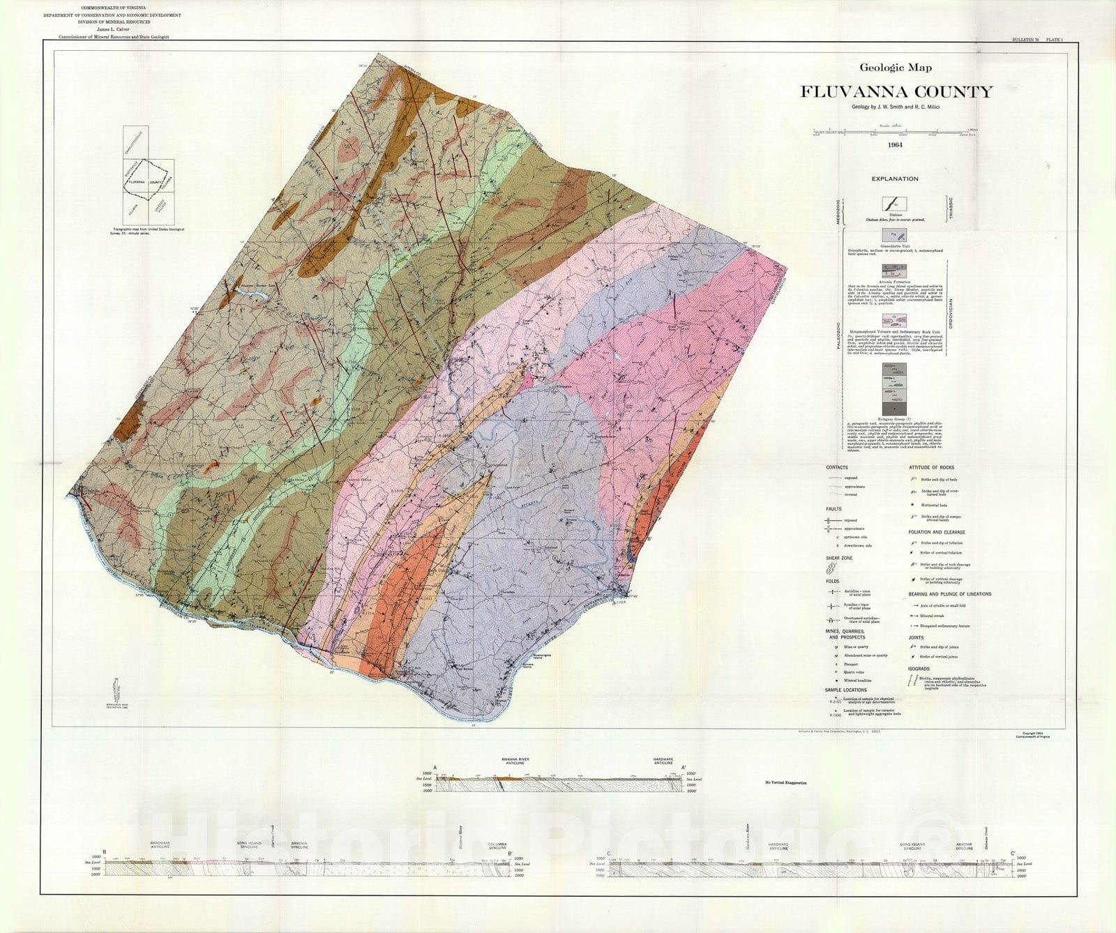 Map : Geology and mineral resources of Fluvanna County, 1964 Cartography Wall Art :