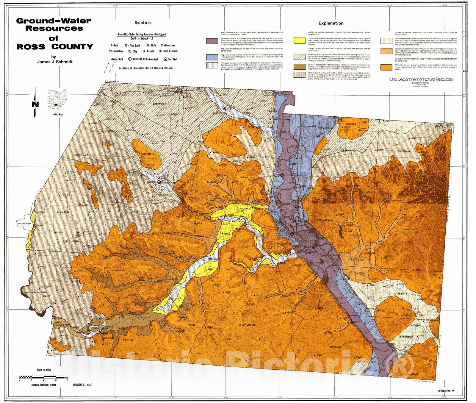 Map : Ground-water resources of Ross County, 1980 Cartography Wall Art :