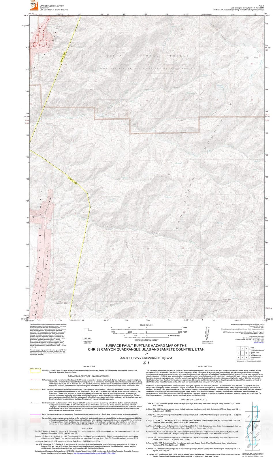 Map : Surface fault rupture hazard map of the Chriss Canyon quadrangle, Juab and Sanpete Counties, Utah, 2015 Cartography Wall Art :