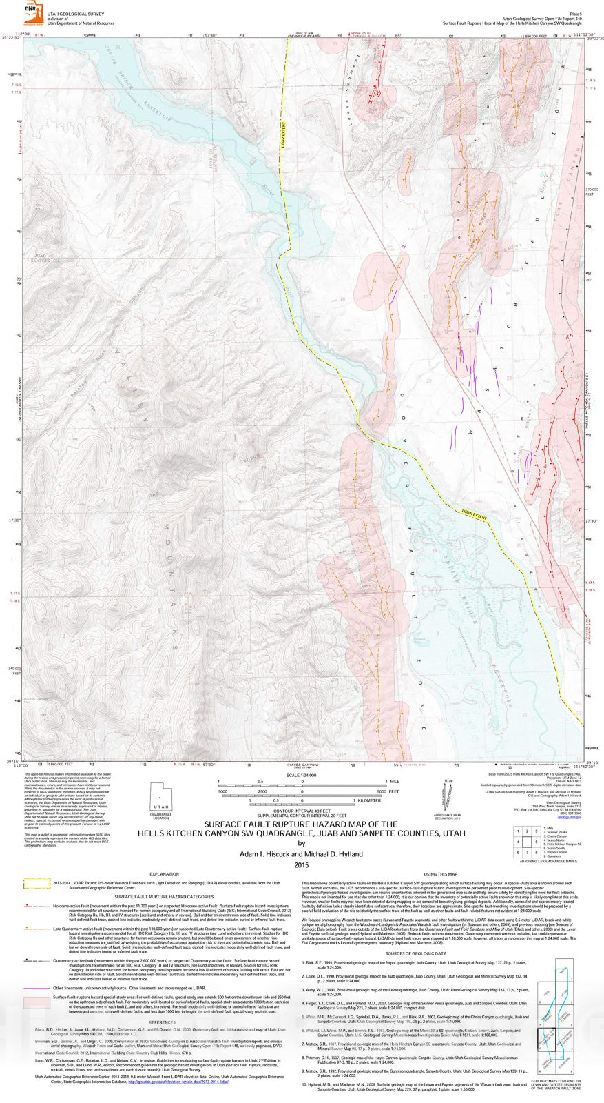 Map : Surface fault rupture hazard map of the Hells Kitchen Canyon SW quadrangle, Juab and Sanpete Counties, Utah, 2015 Cartography Wall Art :