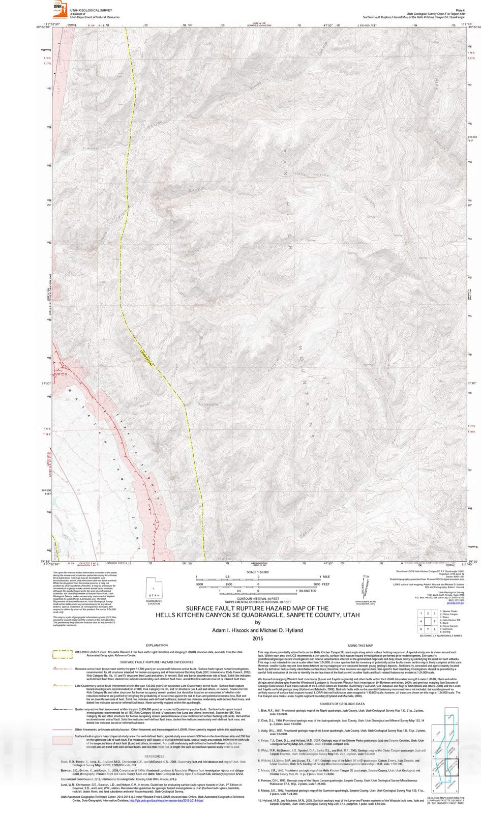 Map : Surface fault rupture hazard map of the Hells Kitchen Canyon SE quadrangle, Sanpete County, Utah, 2015 Cartography Wall Art :