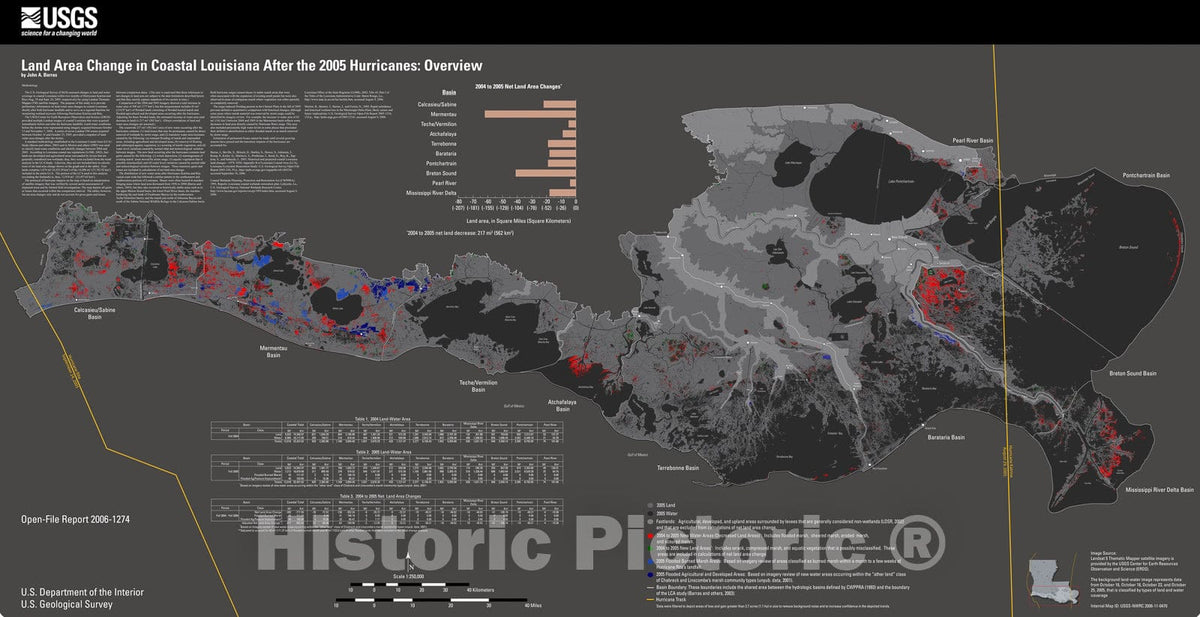 Map : Land area changes in coastal Louisiana after the 2005 hurricanes: A series of three maps, 2006 Cartography Wall Art :