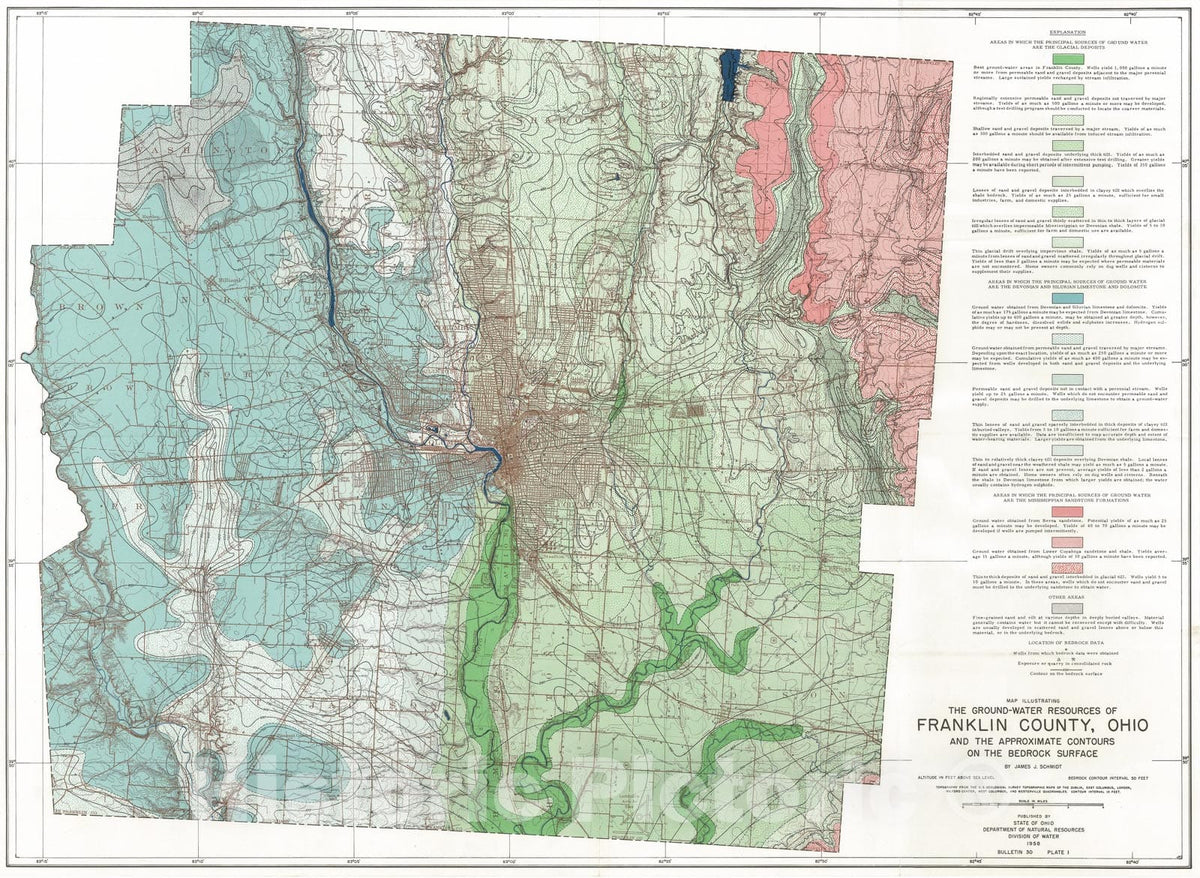 Map : The ground-water resources of Franklin County, Ohio, 1958 Cartography Wall Art :