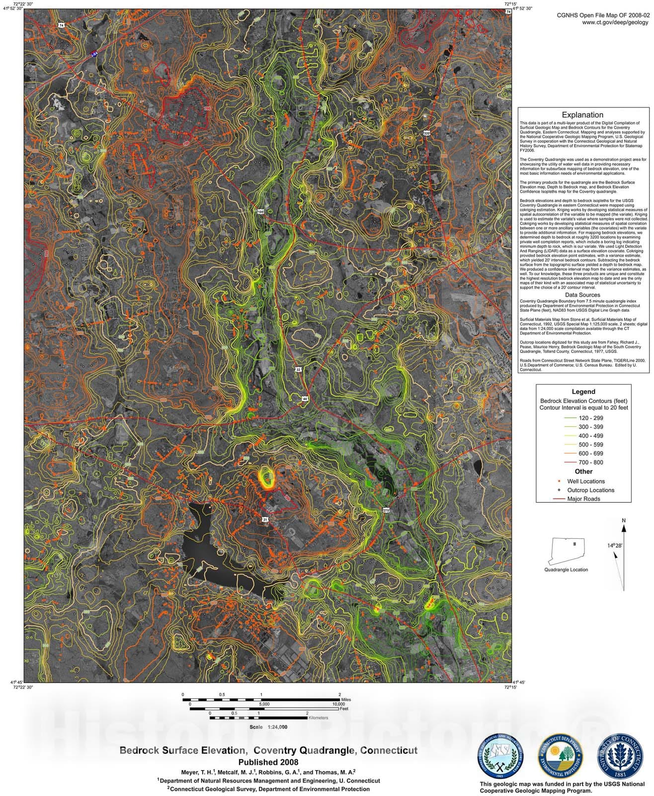 Map : Bedrock surface elevation, Coventry quadrangle, Connecticut, 2008 Cartography Wall Art :