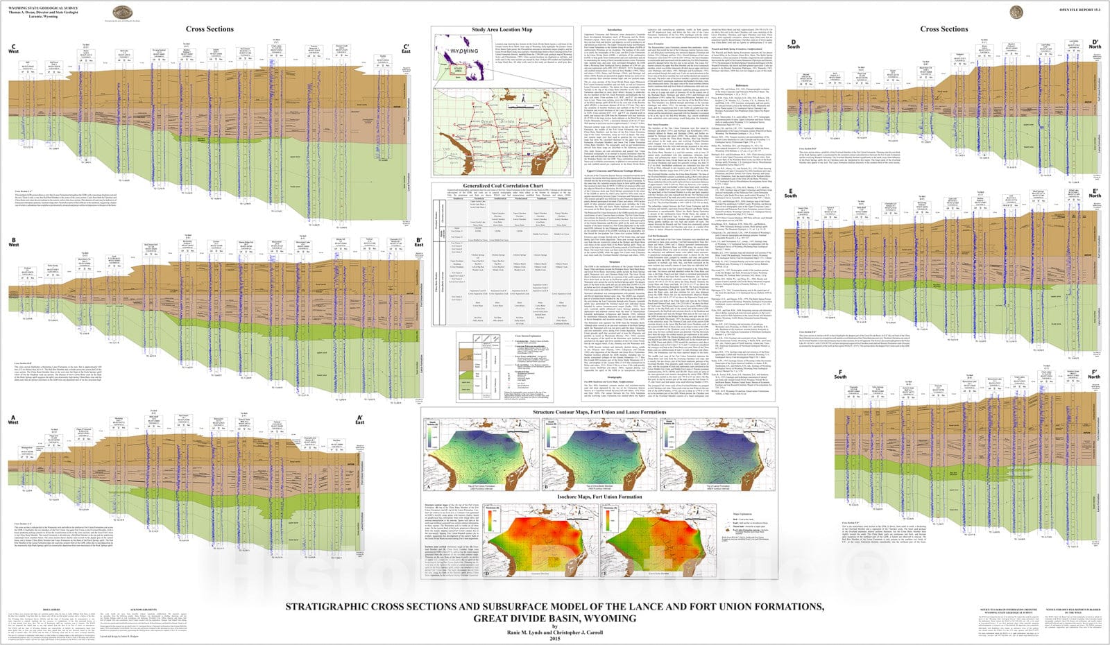 Map : Stratigraphic cross sections and subsurface model of the Lance and Fort Union Formations, Great Divide Basin, Wyoming, 2015 Cartography Wall Art :