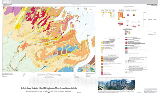 Map : Geologic map of the Valdez D-1 and D-2 quadrangles (Mount Wrangell Volcano), Alaska, 2016 Cartography Wall Art :