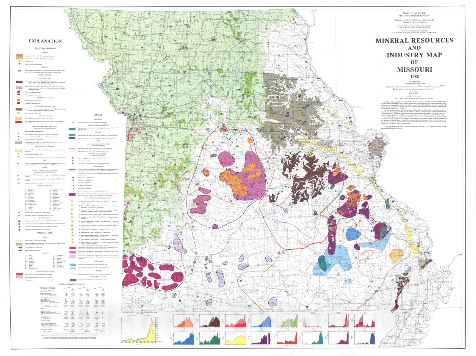 Map : Mineral resources and industry map of Missouri, 1988 Cartography Wall Art :