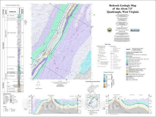 Map : Bedrock geologic map of the Alvon 7.5' quadrangle, West Virginia, 2016 Cartography Wall Art :