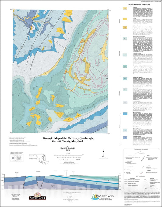 Map : Geologic map of the McHenry quadrangle, Garrett County, Maryland, 2016 Cartography Wall Art :