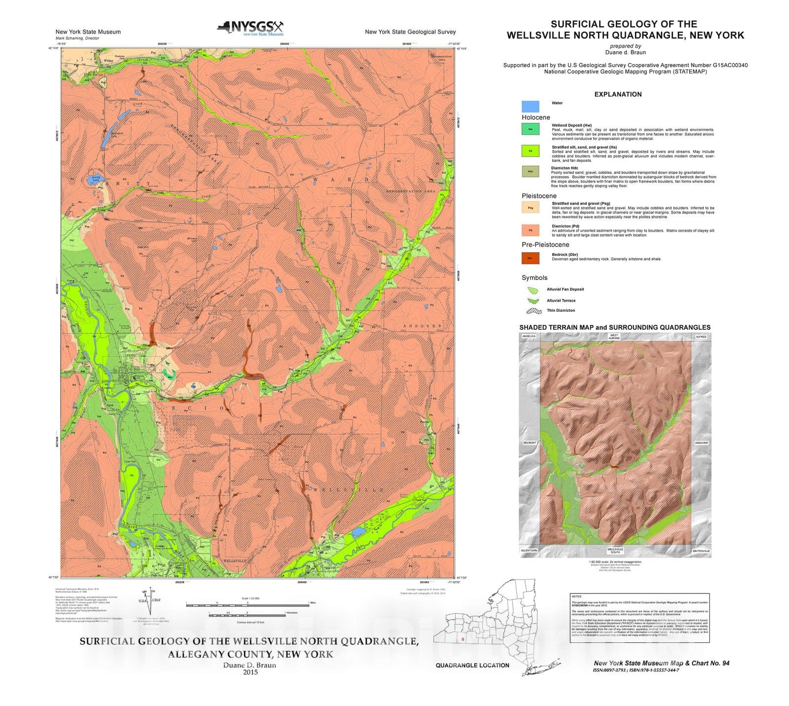 Map : Surficial Geology of the Wellsville North Quadrangle, Allegany County, New York, 2016 Cartography Wall Art :
