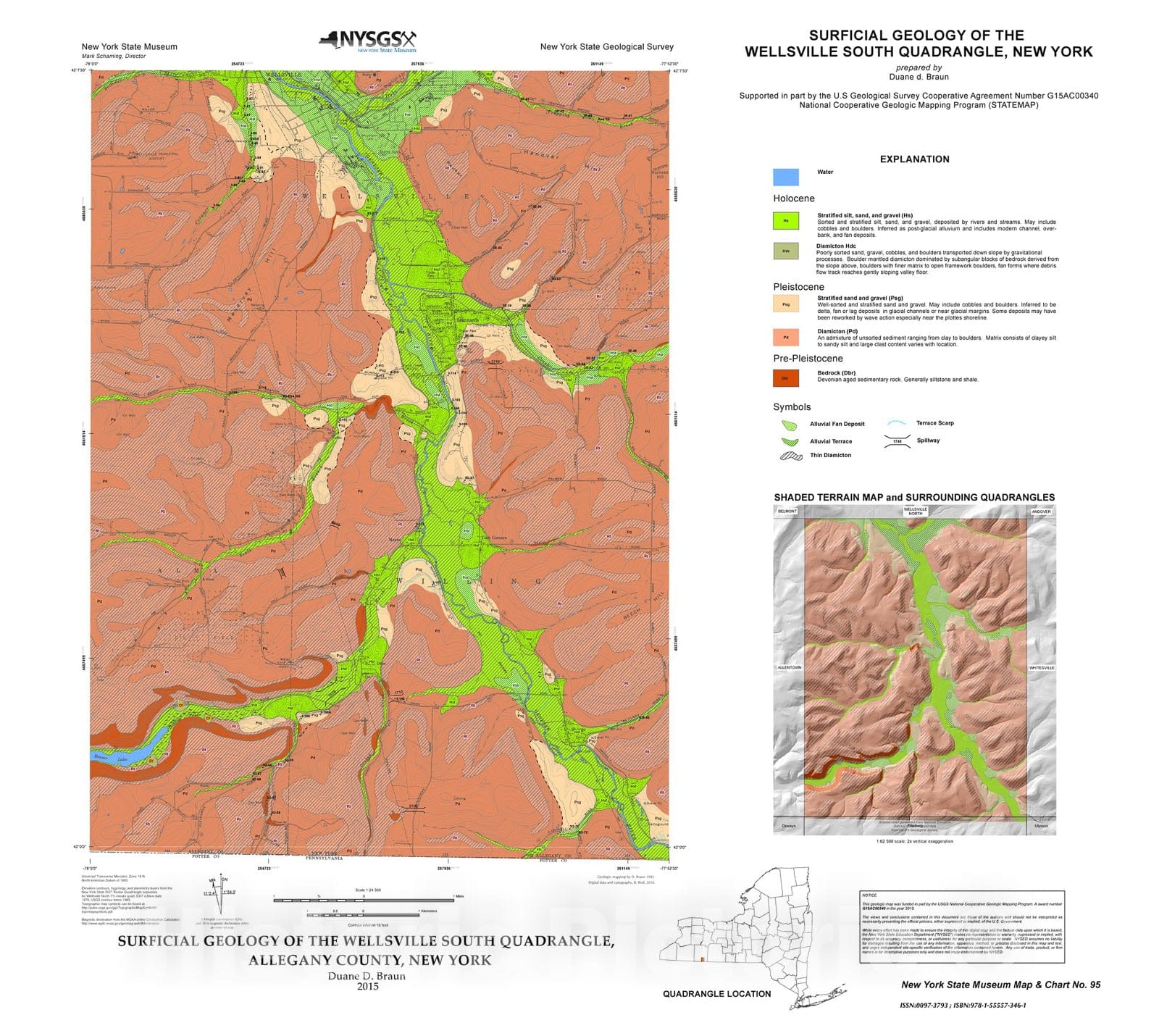 Map : Surficial Geology of the Wellsville South Quadrangle, Allegany County, New York, 2016 Cartography Wall Art :