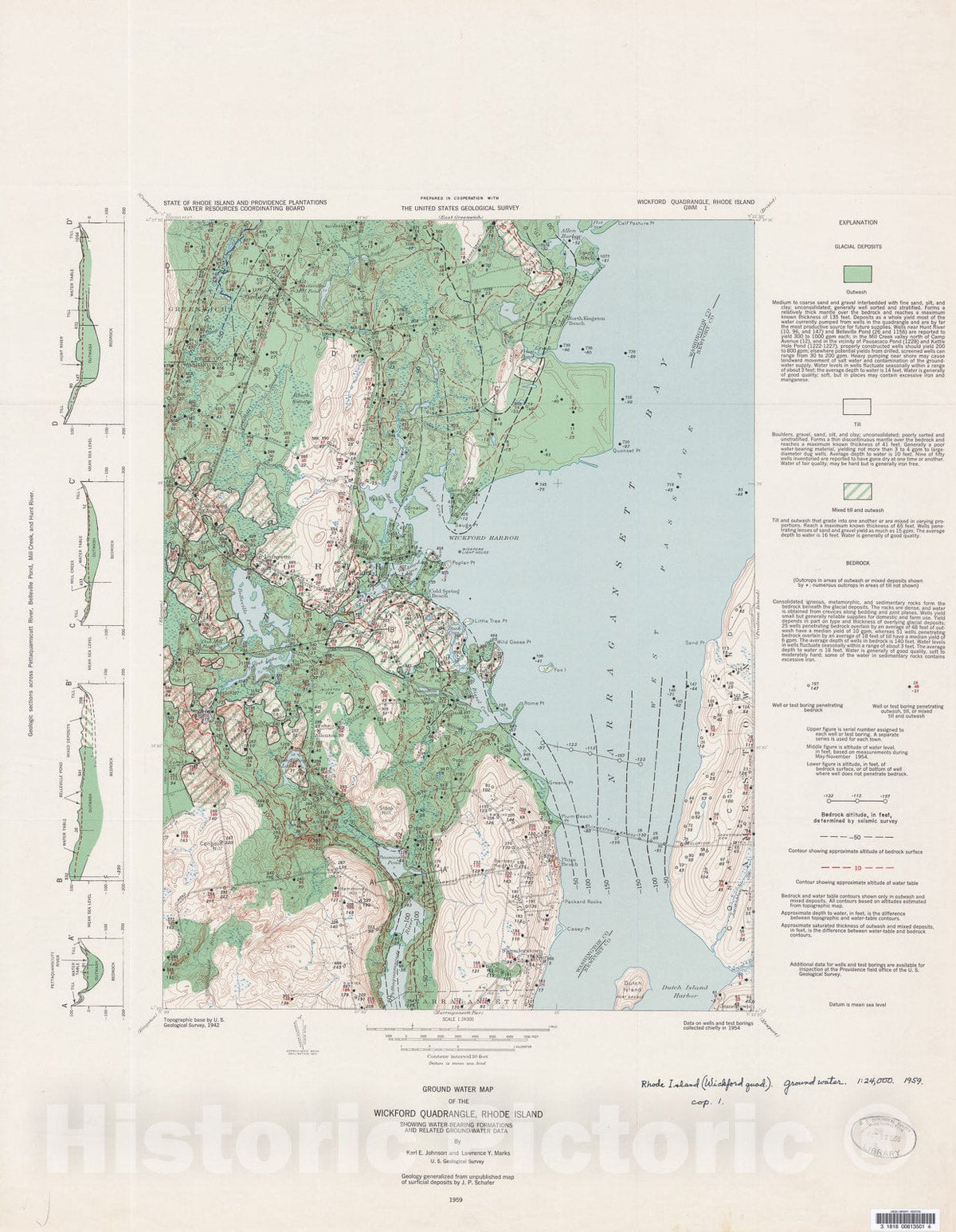 Map : Ground-water map of the Wickford quadrangle, Rhode Island, showing water-bearing formations and related ground-water data, 1959 Cartography Wall Art :