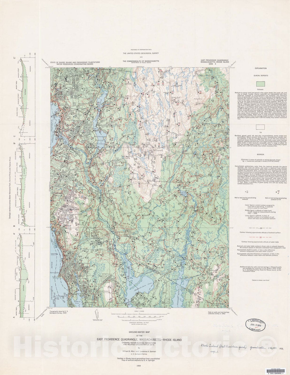 Map : Ground-water map of the East Providence quadrangle, Massachusetts - Rhode Island, showing water-bearing formations and related ground-water data, 1959 Cartography Wall Art :