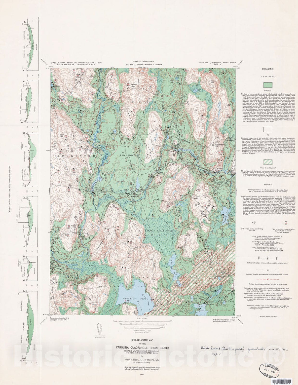 Map : Ground-water map of the Carolina quadrangle, Rhode Island, showing water-bearing formations and related ground-water data, 1960 Cartography Wall Art :