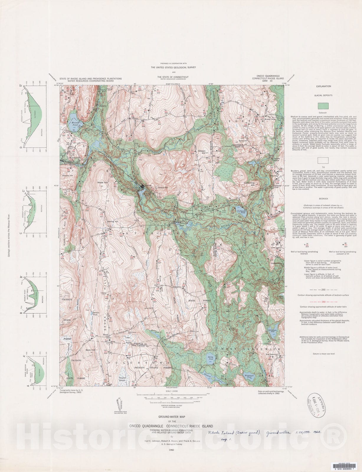 Map : Ground-water map of the Oneco quadrangle, Connecticut - Rhode Island, showing water-bearing formations and related ground-water data, 1960 Cartography Wall Art :