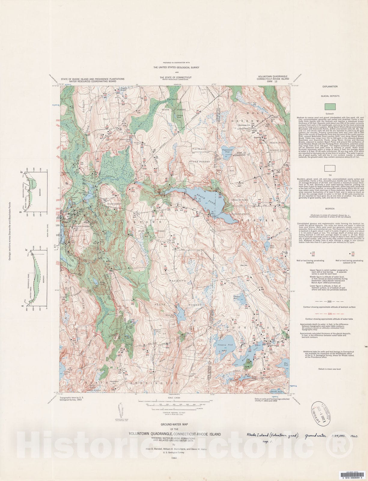 Map : Ground-water map of the Voluntown quadrangle, Connecticut - Rhode Island, showing water-bearing formations and related ground-water data, 1960 Cartography Wall Art :