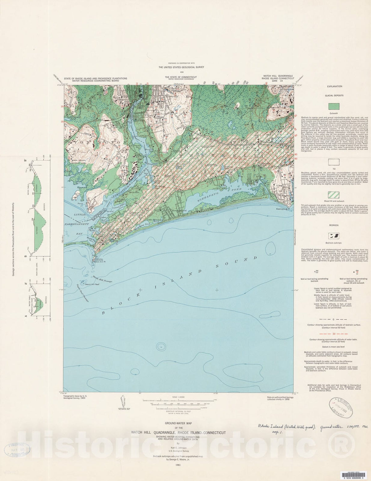 Map : Ground-water map of the Watch Hill quadrangle, Rhode Island - Connecticut, showing water-bearing formations and related ground-water data, 1961 Cartography Wall Art :