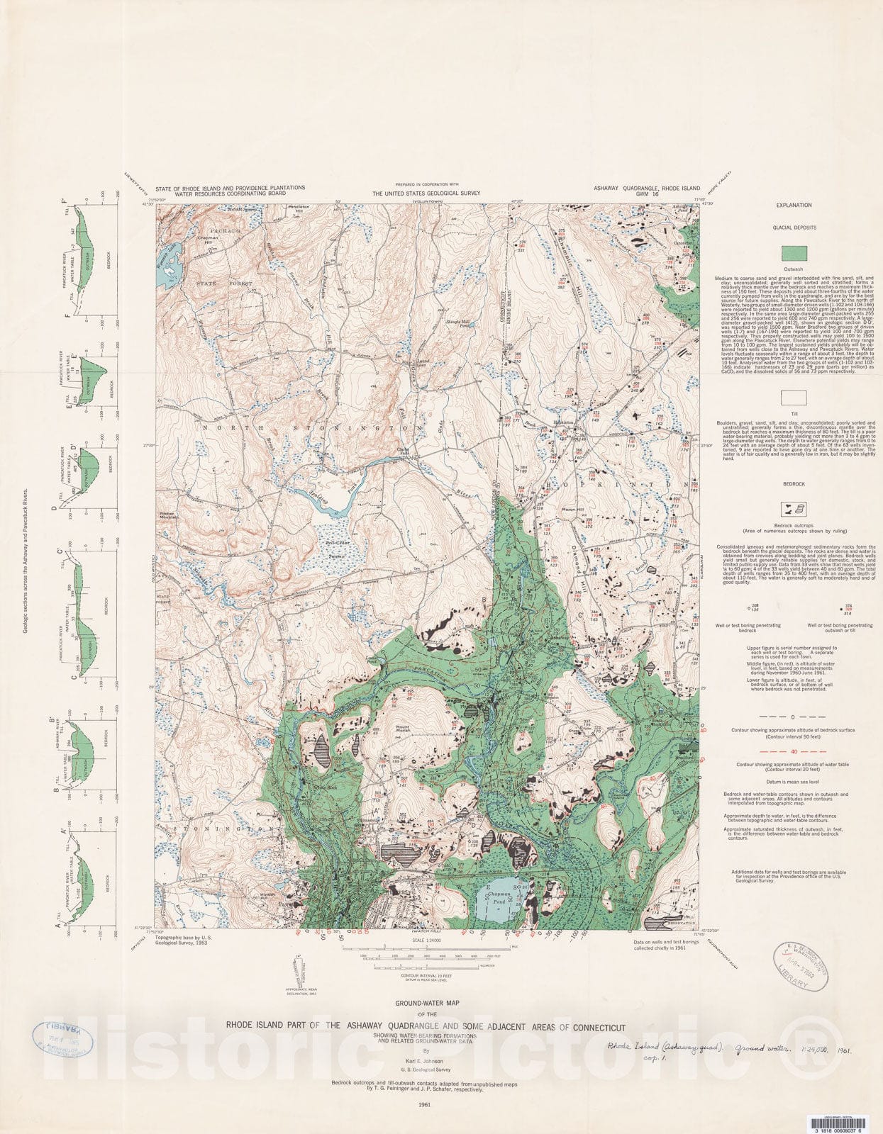 Map : Ground-water map of the Rhode Island part of the Ashaway quadrangle and some adjacent areas of Connecticut, showing water-bearing, 1961 Cartography Wall Art :