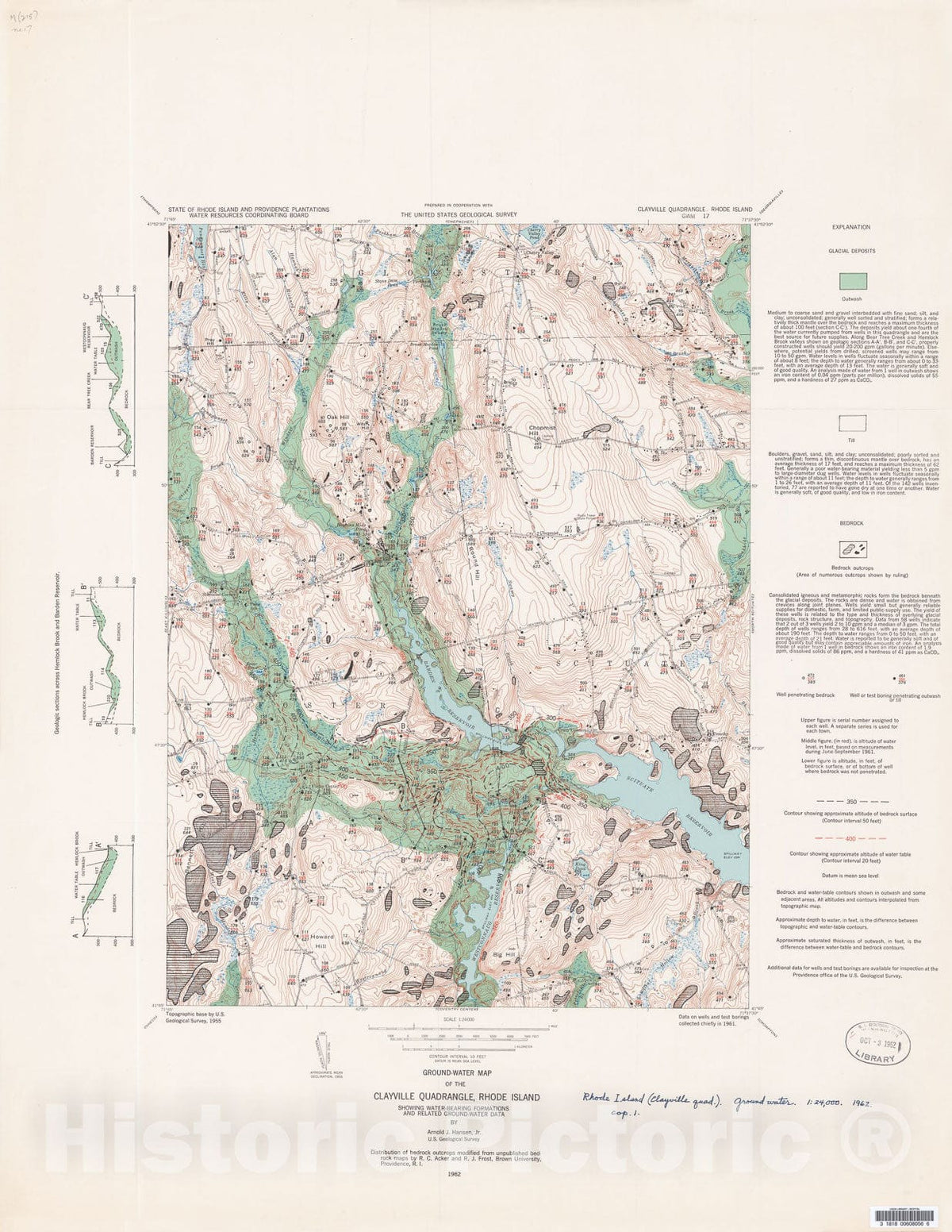 Map : Ground-water map of the Clayville quadrangle, Rhode Island, showing water-bearing formations and related ground-water data, 1962 Cartography Wall Art :