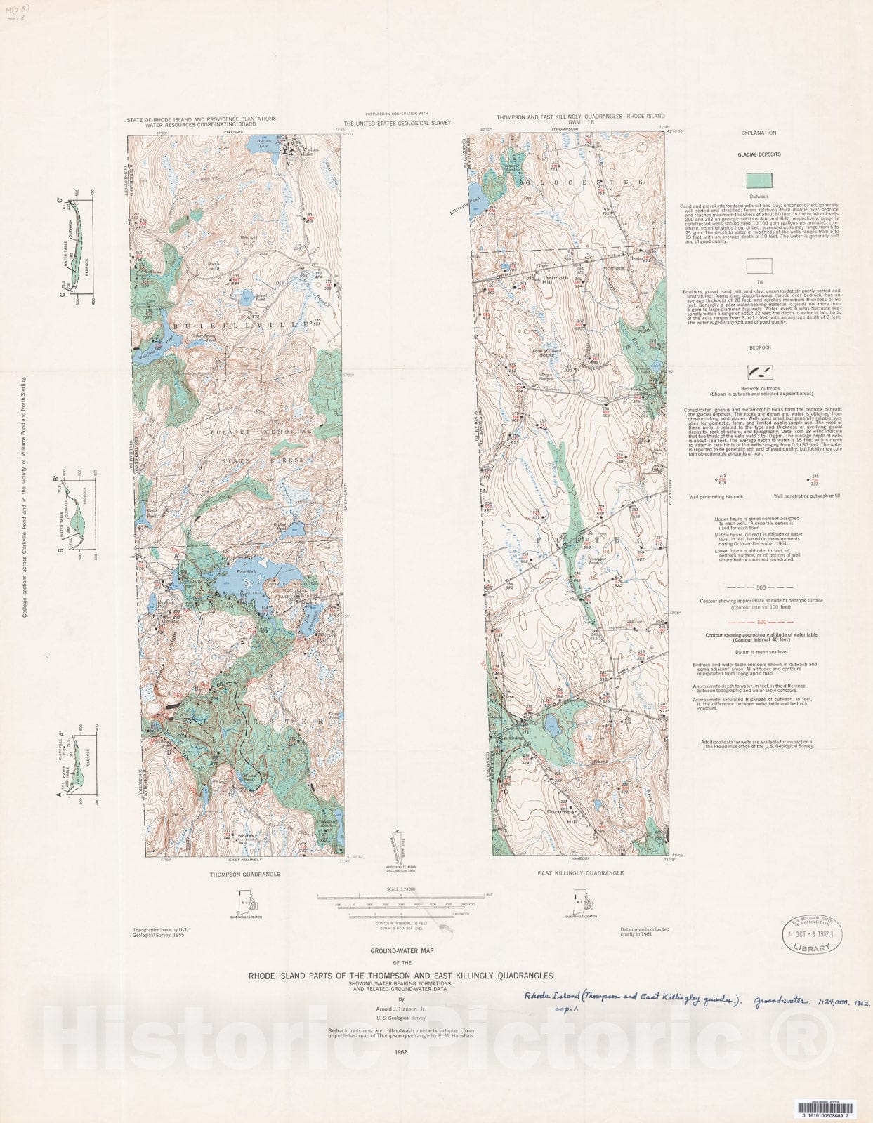 Map : Ground-water map of the Rhode Island parts of the Thompson and East Killingly quadrangles, showing water-bearing formations , 1962 Cartography Wall Art :